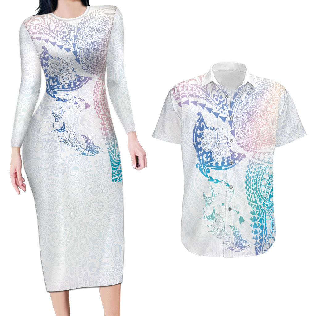 Hawaiian Manta Ray Tribal Couples Matching Long Sleeve Bodycon Dress and Hawaiian Shirt Polynesian Art Motifs Sweet Pastel LT03 Multicolor - Polynesian Pride