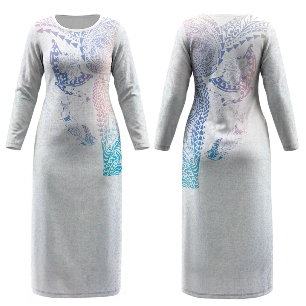 Hawaiian Manta Ray Tribal Couples Matching Long Sleeve Bodycon Dress and Long Sleeve Button Shirt Polynesian Art Motifs Sweet Pastel LT03 - Polynesian Pride