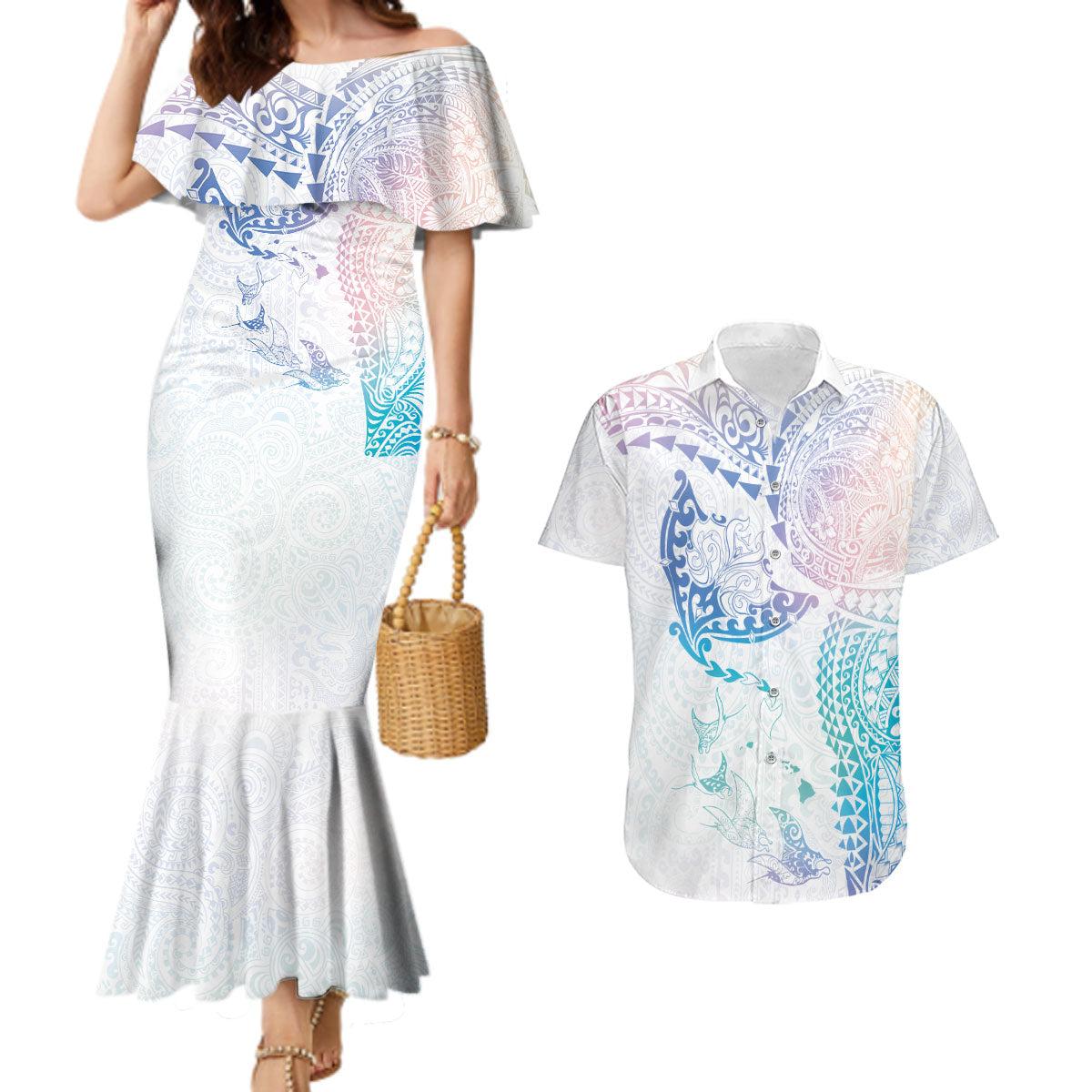 Hawaiian Manta Ray Tribal Couples Matching Mermaid Dress and Hawaiian Shirt Polynesian Art Motifs Sweet Pastel LT03 Multicolor - Polynesian Pride