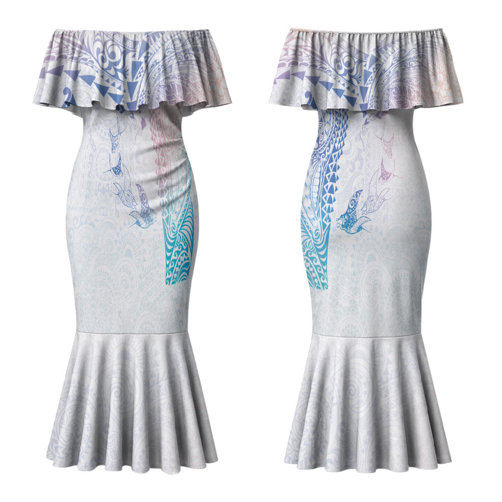 Hawaiian Manta Ray Tribal Couples Matching Mermaid Dress and Long Sleeve Button Shirt Polynesian Art Motifs Sweet Pastel LT03 - Polynesian Pride
