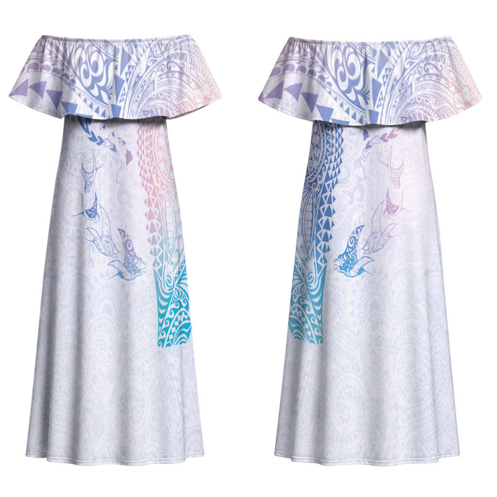 Hawaiian Manta Ray Tribal Couples Matching Off Shoulder Maxi Dress and Hawaiian Shirt Polynesian Art Motifs Sweet Pastel LT03 - Polynesian Pride