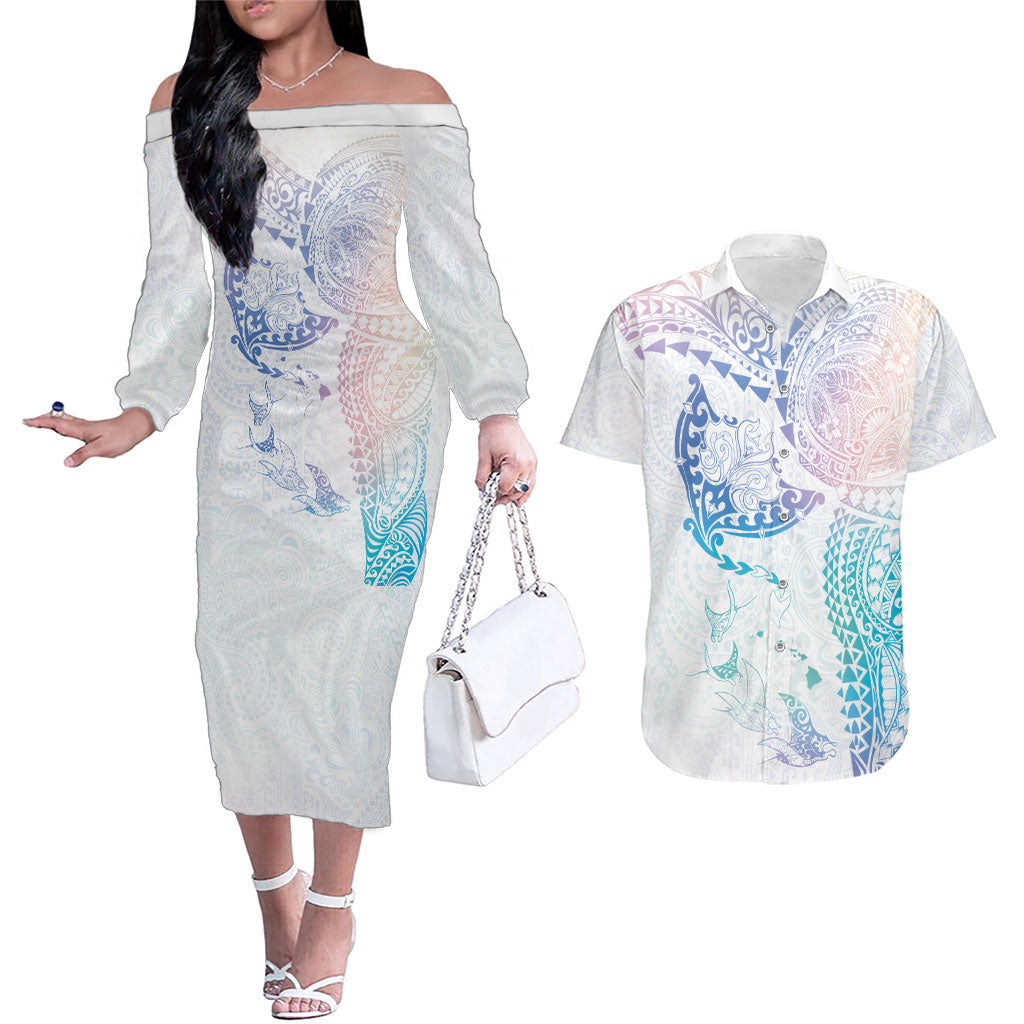Hawaiian Manta Ray Tribal Couples Matching Off The Shoulder Long Sleeve Dress and Hawaiian Shirt Polynesian Art Motifs Sweet Pastel