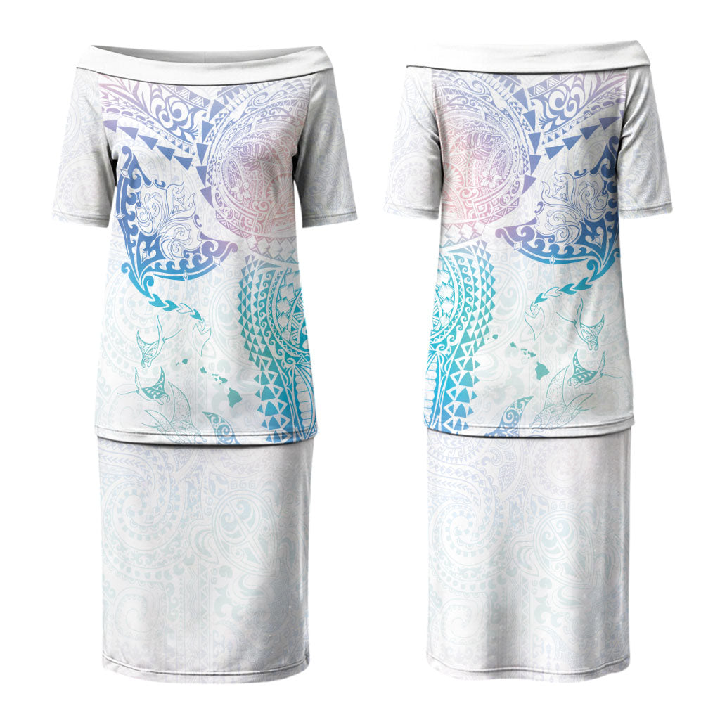 Hawaiian Manta Ray Tribal Couples Matching Puletasi and Long Sleeve Button Shirt Polynesian Art Motifs Sweet Pastel LT03 - Polynesian Pride