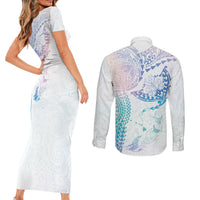 Hawaiian Manta Ray Tribal Couples Matching Short Sleeve Bodycon Dress and Long Sleeve Button Shirt Polynesian Art Motifs Sweet Pastel LT03 - Polynesian Pride