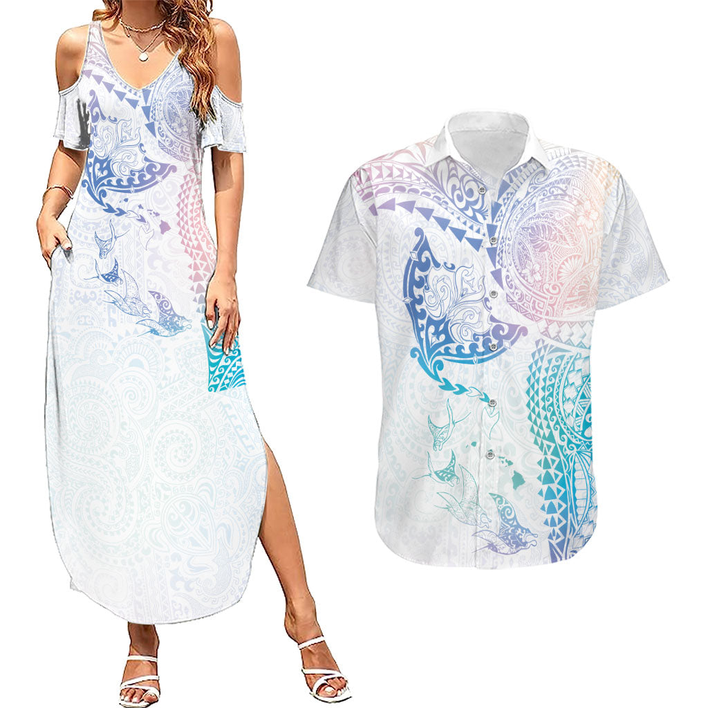 Hawaiian Manta Ray Tribal Couples Matching Summer Maxi Dress and Hawaiian Shirt Polynesian Art Motifs Sweet Pastel