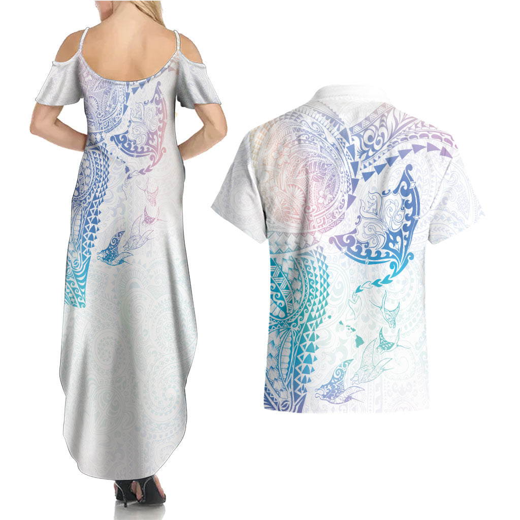 Hawaiian Manta Ray Tribal Couples Matching Summer Maxi Dress and Hawaiian Shirt Polynesian Art Motifs Sweet Pastel LT03 - Polynesian Pride