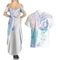 Hawaiian Manta Ray Tribal Couples Matching Summer Maxi Dress and Hawaiian Shirt Polynesian Art Motifs Sweet Pastel LT03 - Polynesian Pride