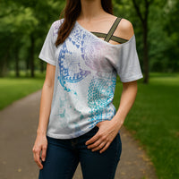 Hawaiian Manta Ray Tribal Cross Shoulder Shirt Polynesian Art Motifs Sweet Pastel