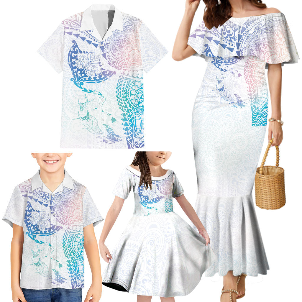 Hawaiian Manta Ray Tribal Family Matching Mermaid Dress and Hawaiian Shirt Polynesian Art Motifs Sweet Pastel LT03 - Polynesian Pride