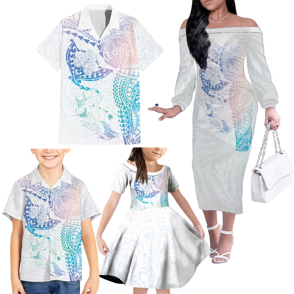 Hawaiian Manta Ray Tribal Family Matching Off The Shoulder Long Sleeve Dress and Hawaiian Shirt Polynesian Art Motifs Sweet Pastel LT03 - Polynesian Pride