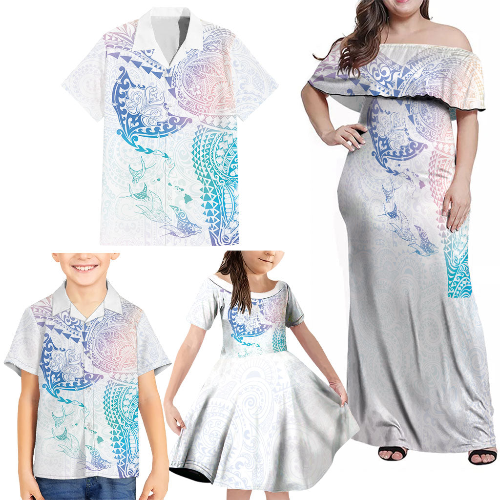 Hawaiian Manta Ray Tribal Family Matching Off Shoulder Maxi Dress and Hawaiian Shirt Polynesian Art Motifs Sweet Pastel LT03 - Polynesian Pride
