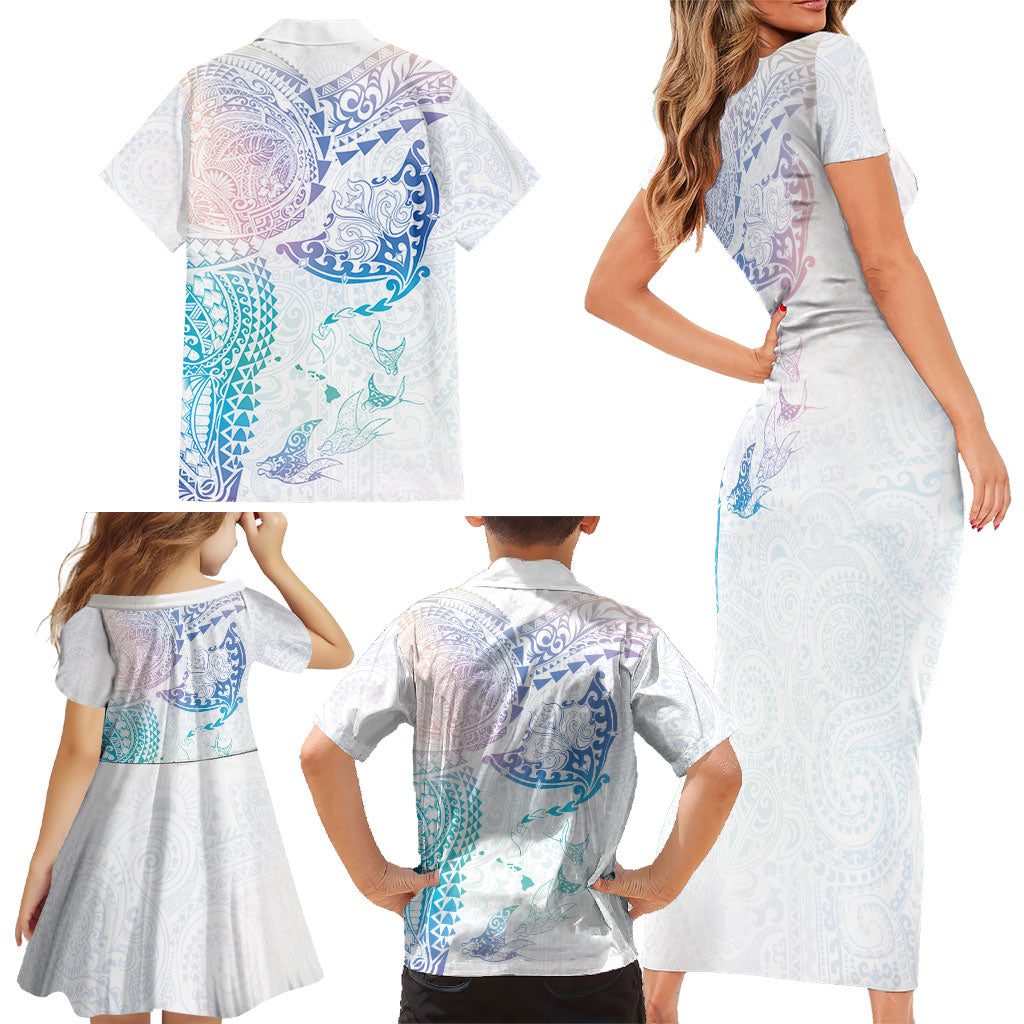 Hawaiian Manta Ray Tribal Family Matching Short Sleeve Bodycon Dress and Hawaiian Shirt Polynesian Art Motifs Sweet Pastel LT03 - Polynesian Pride