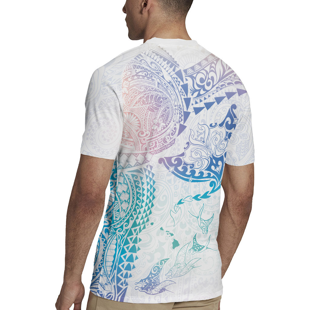 Hawaiian Manta Ray Tribal Rugby Jersey Polynesian Art Motifs Sweet Pastel