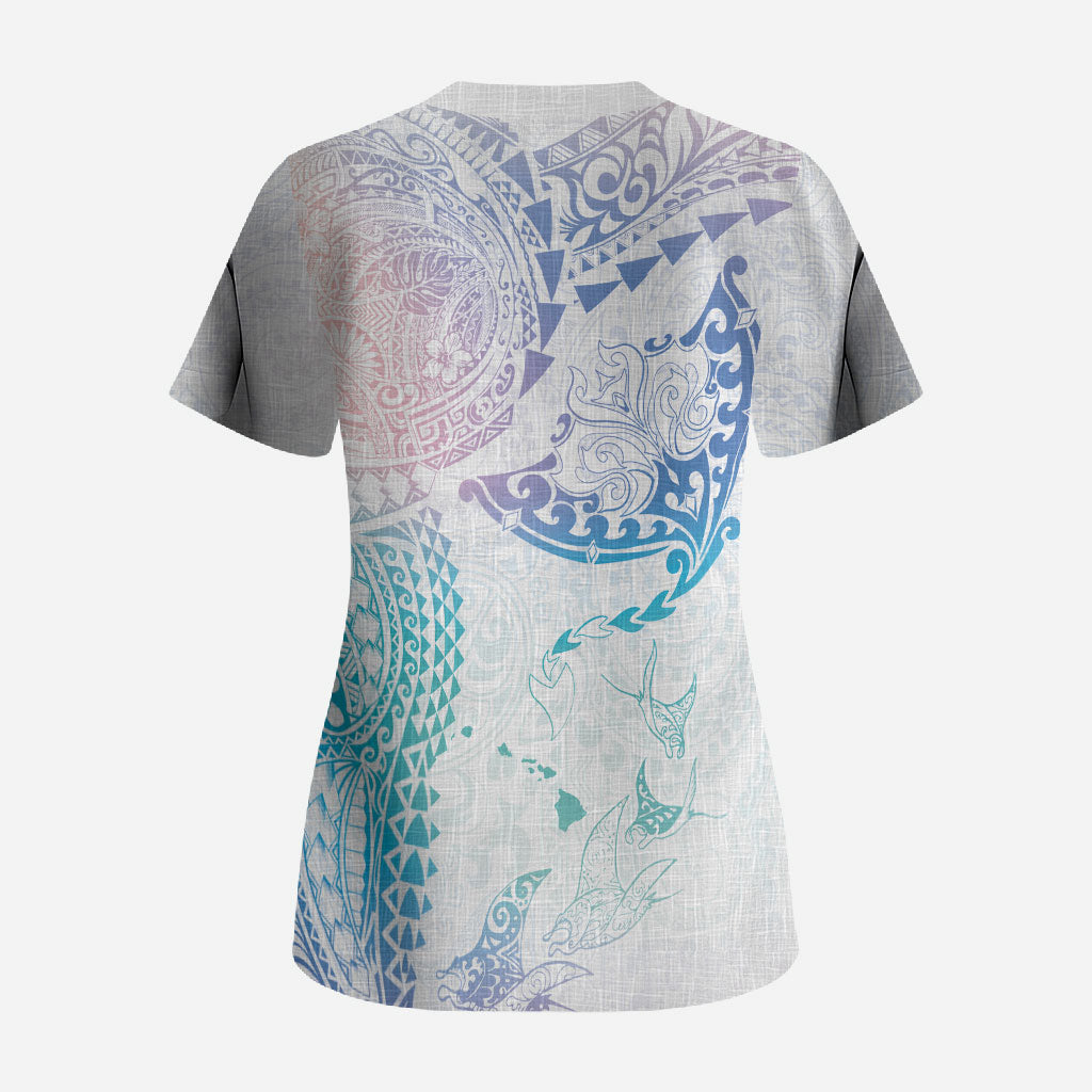 Hawaiian Manta Ray Tribal Scrub Top Polynesian Art Motifs Sweet Pastel