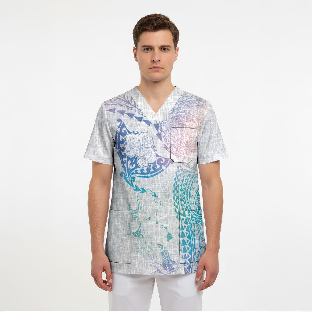 Hawaiian Manta Ray Tribal Scrub Top Polynesian Art Motifs Sweet Pastel