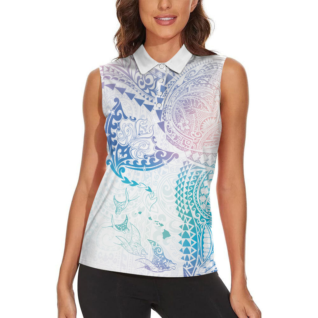 Hawaiian Manta Ray Tribal Women Sleeveless Polo Shirt Polynesian Art Motifs Sweet Pastel LT03 - Polynesian Pride