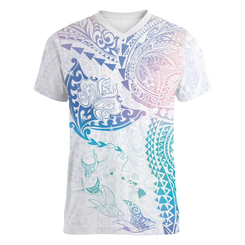 Hawaiian Manta Ray Tribal Women V-Neck T-Shirt Polynesian Art Motifs Sweet Pastel LT03 Female Multicolor - Polynesian Pride