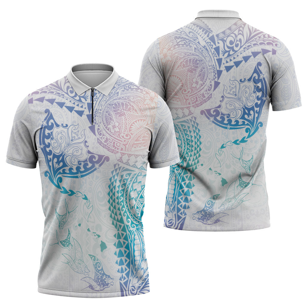 Hawaiian Manta Ray Tribal Zipper Polo Shirt Polynesian Art Motifs Sweet Pastel