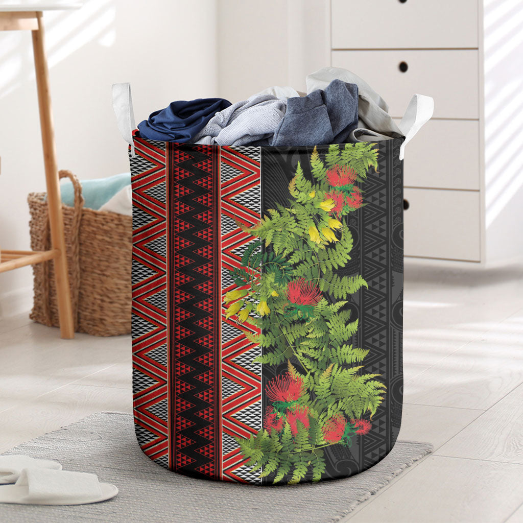 Maori Tukutuku Laundry Basket with Ferns Pohutukawa and Kowhai Tribal Moko Patterns LT03 Multicolor - Polynesian Pride