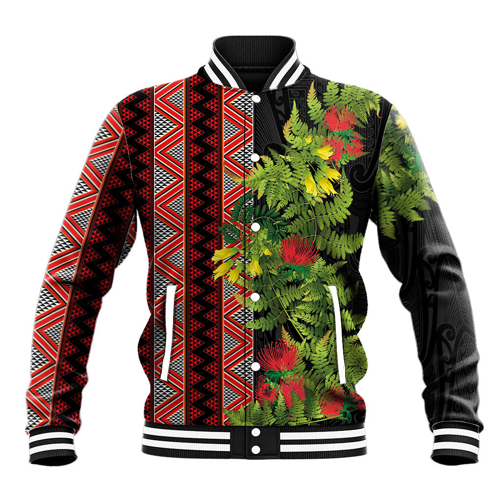 Maori Tukutuku Baseball Jacket with Ferns Pohutukawa and Kowhai Tribal Moko Patterns LT03 Unisex Multicolor - Polynesian Pride