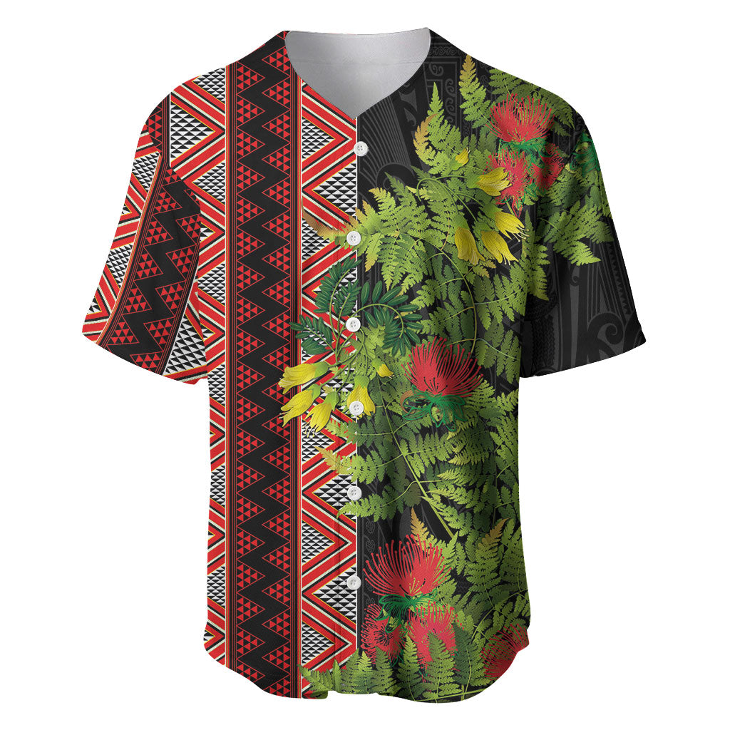 Maori Tukutuku Baseball Jersey with Ferns Pohutukawa and Kowhai Tribal Moko Patterns LT03 Multicolor - Polynesian Pride