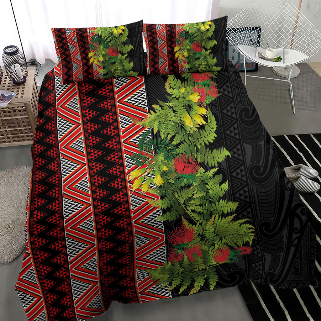 Maori Tukutuku Bedding Set with Ferns Pohutukawa and Kowhai Tribal Moko Patterns