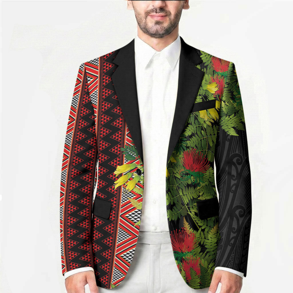 Maori Tukutuku Blazer with Ferns Pohutukawa and Kowhai Tribal Moko Patterns
