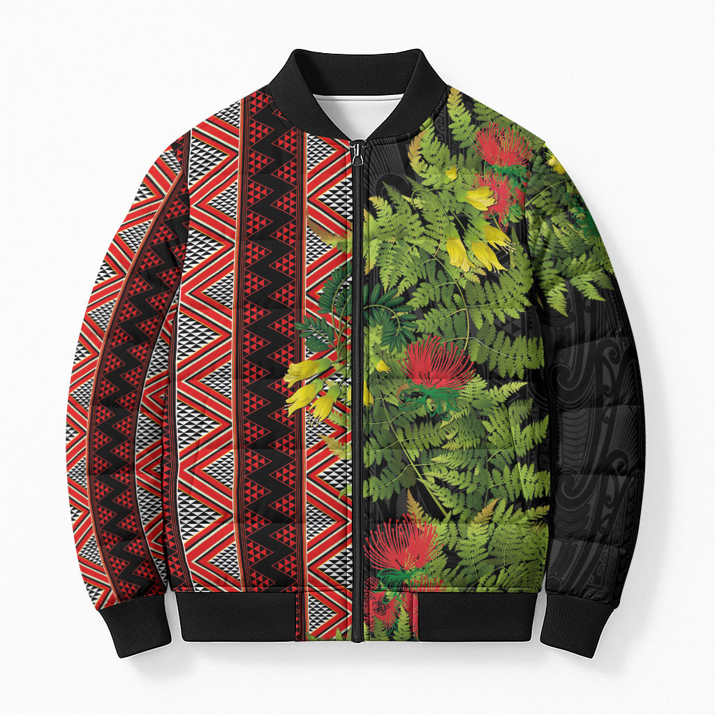 Maori Tukutuku Bomber Puffer Jacket with Ferns Pohutukawa and Kowhai Tribal Moko Patterns LT03 Unisex Multicolor - Polynesian Pride