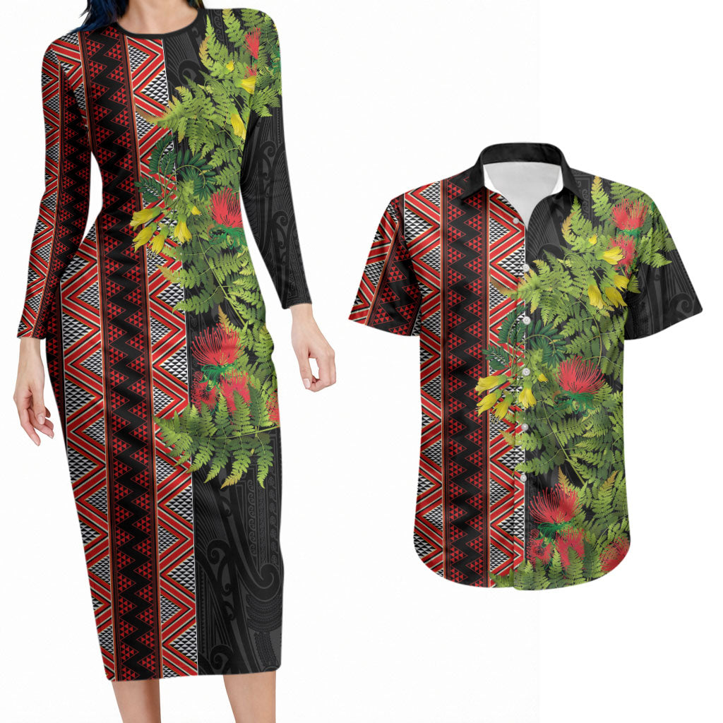 Maori Tukutuku Couples Matching Long Sleeve Bodycon Dress and Hawaiian Shirt with Ferns Pohutukawa and Kowhai Tribal Moko Patterns LT03 Multicolor - Polynesian Pride