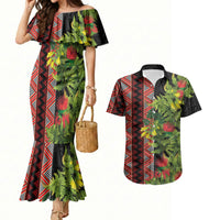 Maori Tukutuku Couples Matching Mermaid Dress and Hawaiian Shirt with Ferns Pohutukawa and Kowhai Tribal Moko Patterns