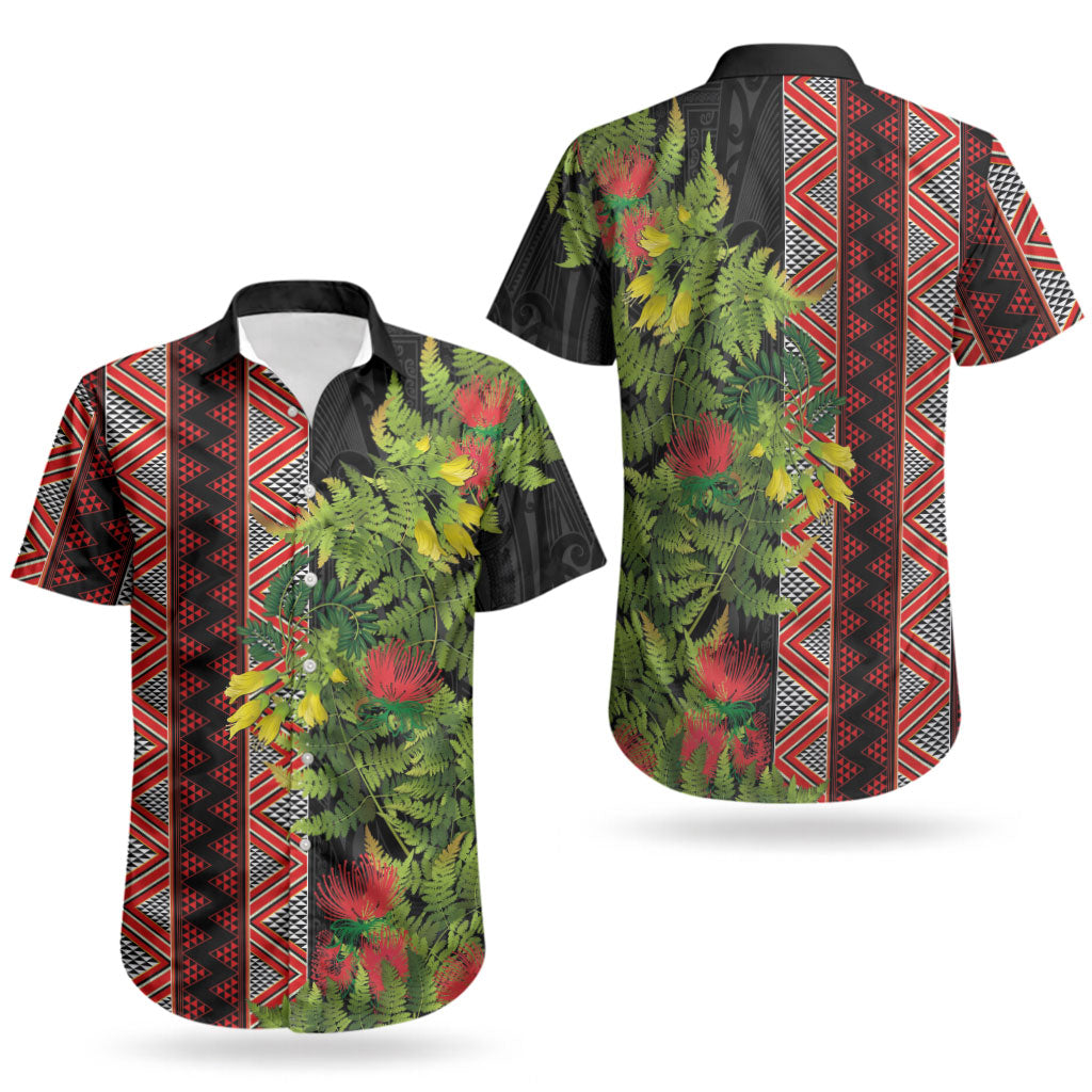 Maori Tukutuku Couples Matching Off Shoulder Short Dress and Hawaiian Shirt with Ferns Pohutukawa and Kowhai Tribal Moko Patterns