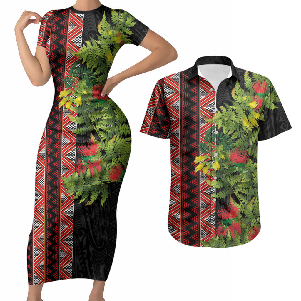 Maori Tukutuku Couples Matching Short Sleeve Bodycon Dress and Hawaiian Shirt with Ferns Pohutukawa and Kowhai Tribal Moko Patterns LT03 Multicolor - Polynesian Pride