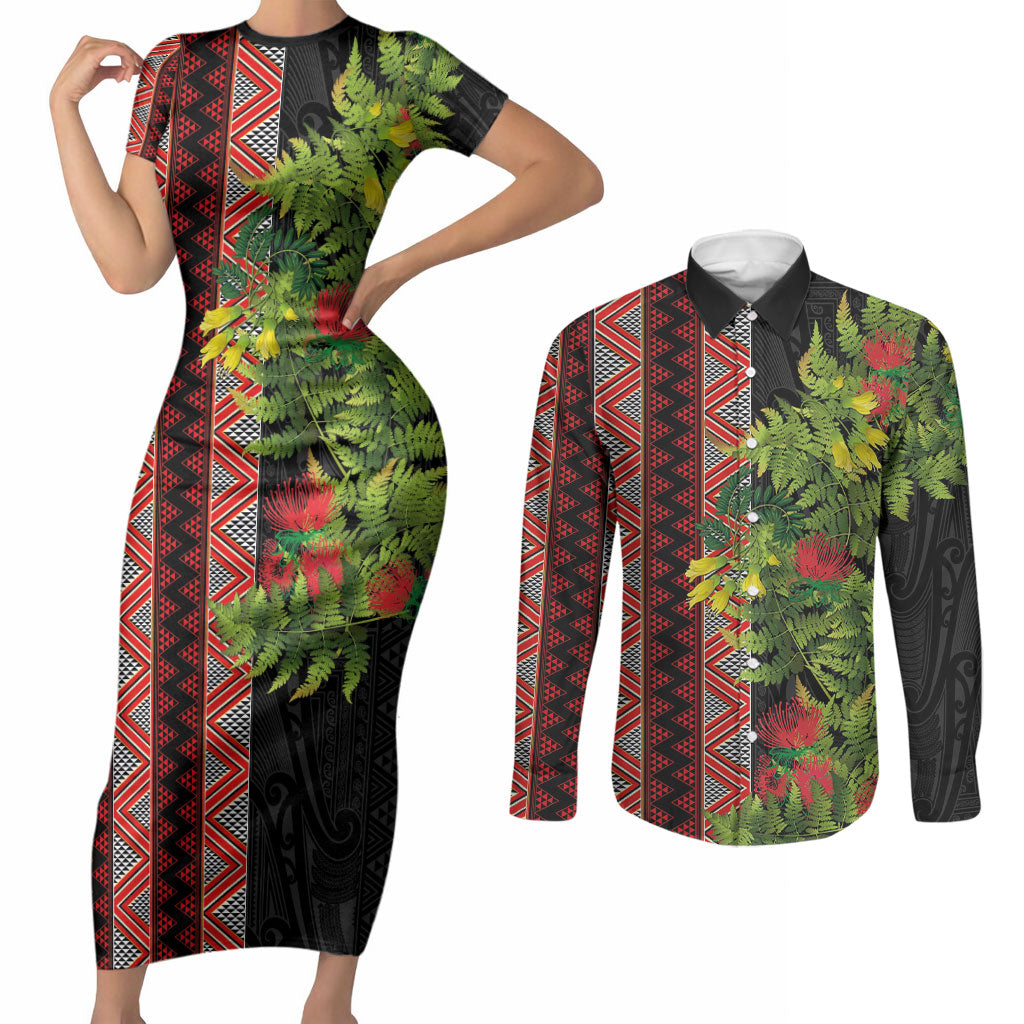 Maori Tukutuku Couples Matching Short Sleeve Bodycon Dress and Long Sleeve Button Shirt with Ferns Pohutukawa and Kowhai Tribal Moko Patterns LT03 Multicolor - Polynesian Pride