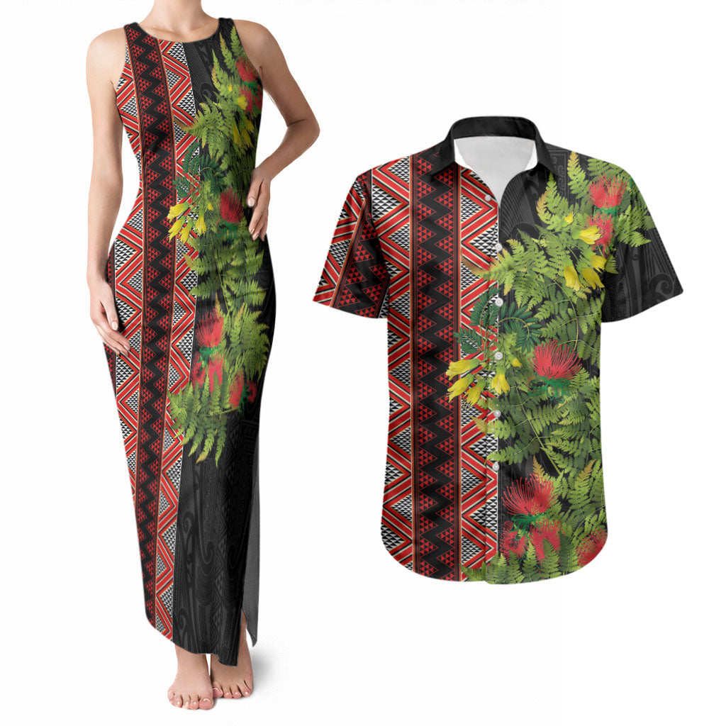Maori Tukutuku Couples Matching Tank Maxi Dress and Hawaiian Shirt with Ferns Pohutukawa and Kowhai Tribal Moko Patterns LT03 Multicolor - Polynesian Pride