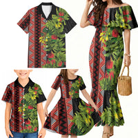 Maori Tukutuku Family Matching Mermaid Dress and Hawaiian Shirt with Ferns Pohutukawa and Kowhai Tribal Moko Patterns