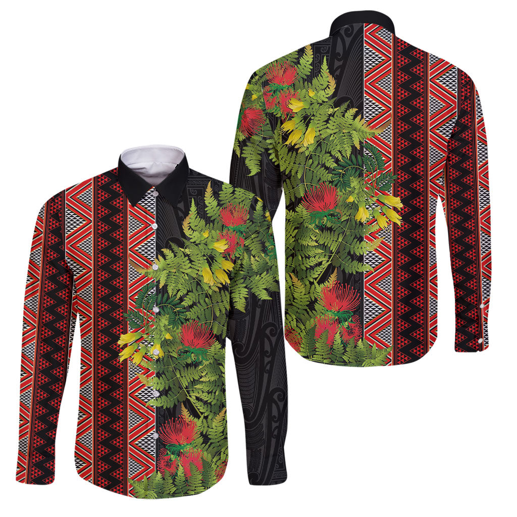 Maori Tukutuku Family Matching Off Shoulder Maxi Dress and Hawaiian Shirt with Ferns Pohutukawa and Kowhai Tribal Moko Patterns