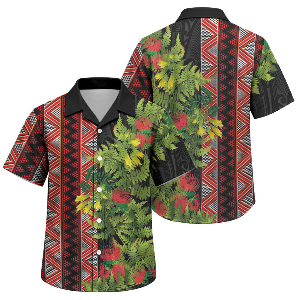 Maori Tukutuku Family Matching Off Shoulder Short Dress and Hawaiian Shirt with Ferns Pohutukawa and Kowhai Tribal Moko Patterns