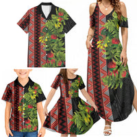 Maori Tukutuku Family Matching Summer Maxi Dress and Hawaiian Shirt with Ferns Pohutukawa and Kowhai Tribal Moko Patterns