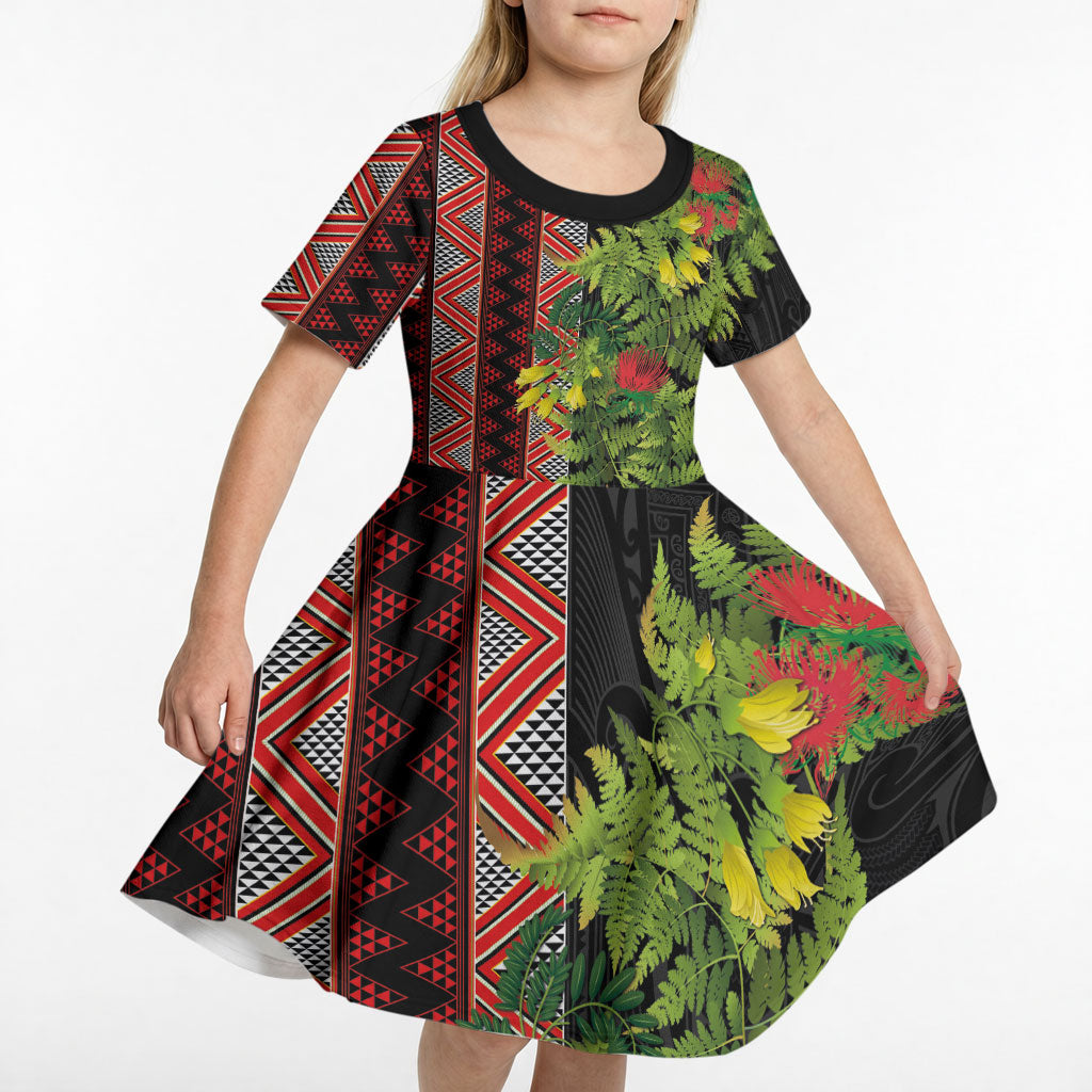 Maori Tukutuku Kid Short Sleeve Dress with Ferns Pohutukawa and Kowhai Tribal Moko Patterns