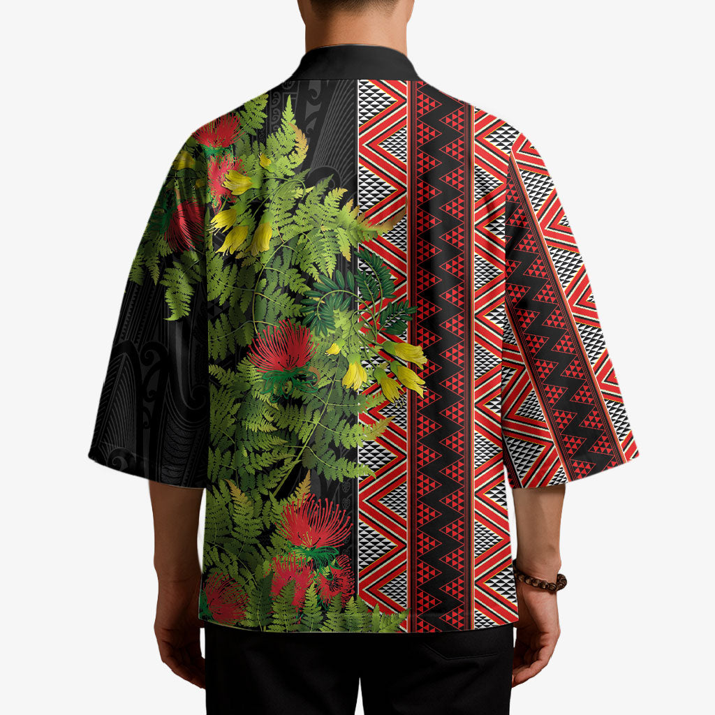 Maori Tukutuku Kimono with Ferns Pohutukawa and Kowhai Tribal Moko Patterns