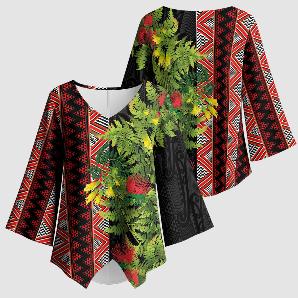 Maori Tukutuku Kimono Sleeve Blouse with Ferns Pohutukawa and Kowhai Tribal Moko Patterns