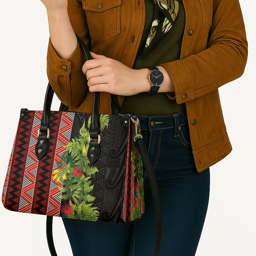 Maori Tukutuku Leather Bag with Ferns Pohutukawa and Kowhai Tribal Moko Patterns