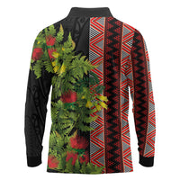 Maori Tukutuku Long Sleeve Polo Shirt with Ferns Pohutukawa and Kowhai Tribal Moko Patterns