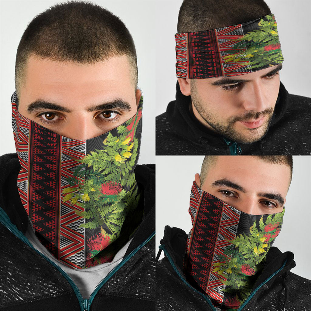 Maori Tukutuku Neck Gaiter with Ferns Pohutukawa and Kowhai Tribal Moko Patterns
