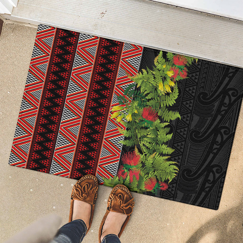 Maori Tukutuku Rubber Doormat with Ferns Pohutukawa and Kowhai Tribal Moko Patterns