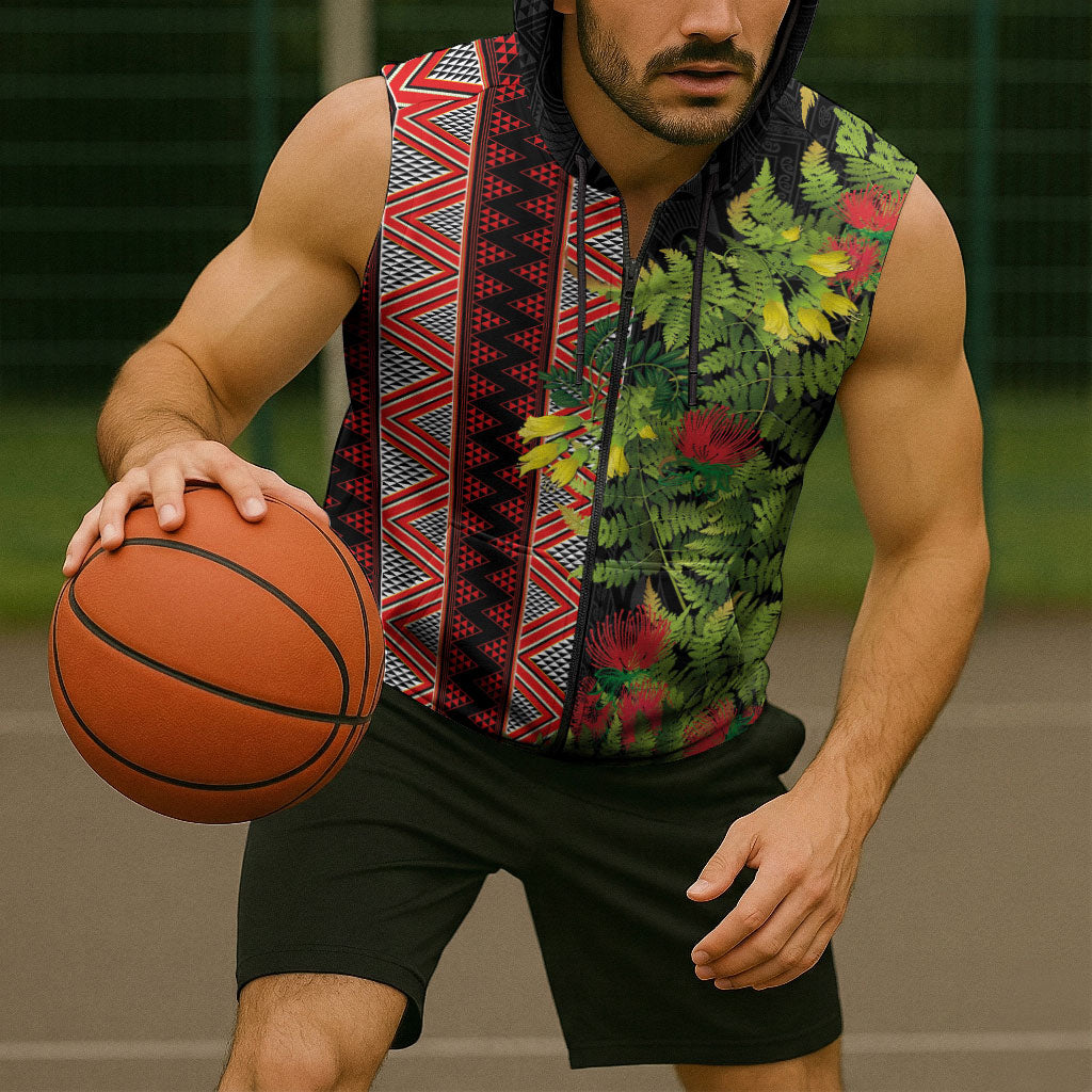 Maori Tukutuku Sleeveless Zip Hoodie with Ferns Pohutukawa and Kowhai Tribal Moko Patterns