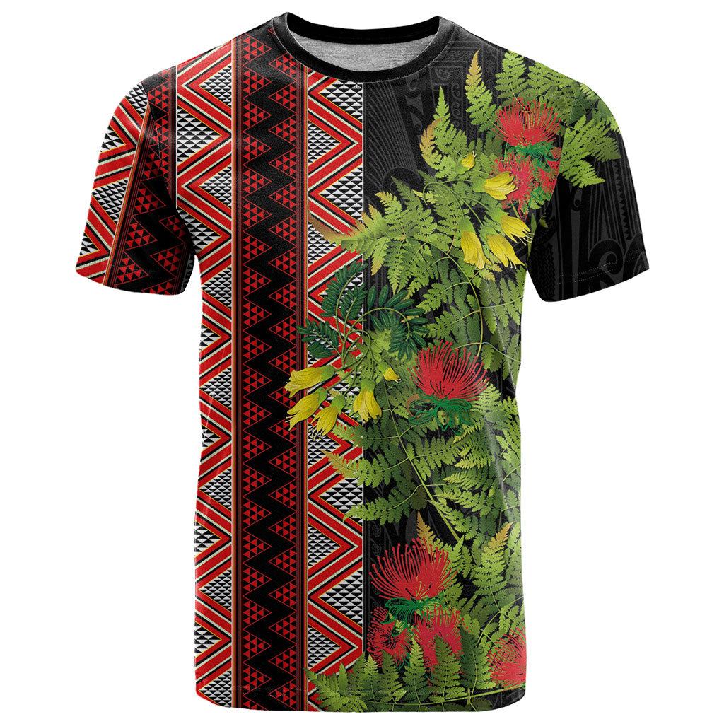 Maori Tukutuku T Shirt with Ferns Pohutukawa and Kowhai Tribal Moko Patterns