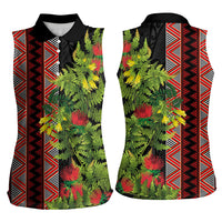 Maori Tukutuku Women Sleeveless Polo Shirt with Ferns Pohutukawa and Kowhai Tribal Moko Patterns