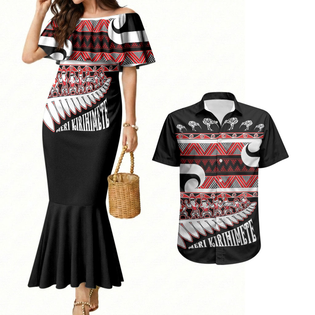 New Zealand Christmas Couples Matching Mermaid Dress and Hawaiian Shirt Funny Santa Claus Haka Dance with Tukutuku LT03 Multicolor - Polynesian Pride