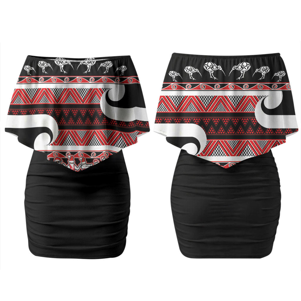 New Zealand Christmas Couples Matching Off Shoulder Short Dress and Hawaiian Shirt Funny Santa Claus Haka Dance with Tukutuku